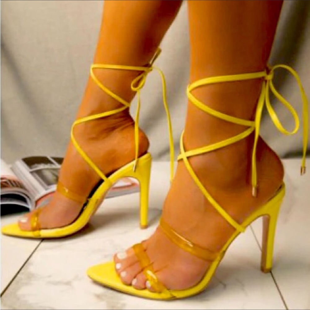 Hot yellow Strappy Lace Up Ankle Wrap Jelly High Heel Sandals